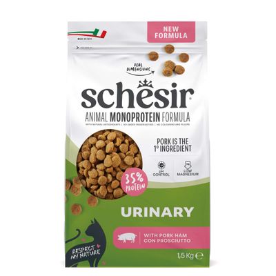 Schesir Animal Monoprotein Formula Urinary med 35% protein, pH-kontrol, lavt magnesiumindhold, hovedingrediens svinekød, 1,5 kg, Made in Italy, med prosciutto.
