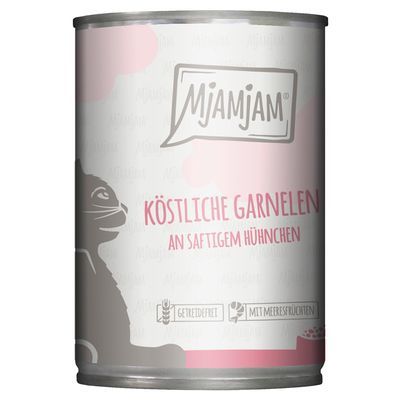 Mjamjam kattenvoer, tekst op blik: Köstliche Garnelen an saftigem Hühnchen, getreidefrei, mit Meeresfrüchten. Tekst in het Duits.