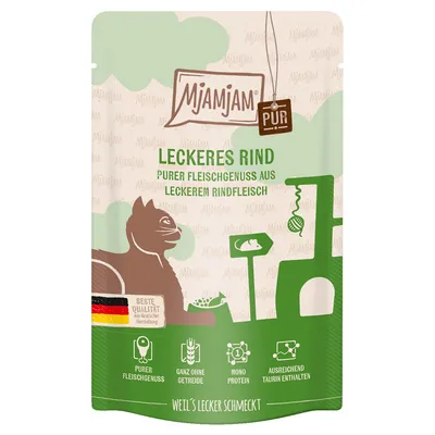 MjAMjAM Leckeres Rind, texte en allemand : purer Fleischgenuss aus leckerem Rindfleisch, beste Qualität aus deutscher Herstellung, ganz ohne Getreide, mono protein, ausreichend Taurin enthalten.
