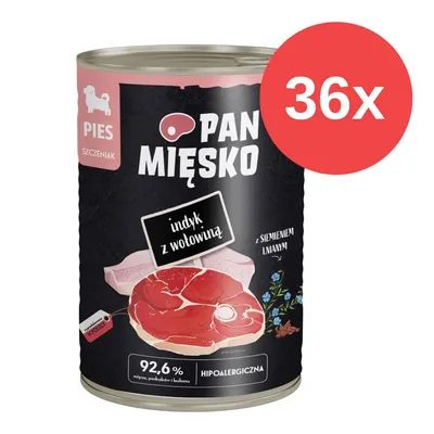 Pan Mięsko karma dla szczeniąt, smak indyk z wołowiną, hipoalergiczna, 92,6% mięsa, z siemieniem lnianym. Opakowanie zawiera 36 puszek. Pan Mięsko karma dla szczeniąt, smak indyk z wołowiną, hipoalergiczna, 92,6% mięsa, z siemieniem lnianym. Opakowanie zawiera 36 puszek.