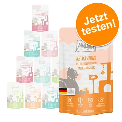 Miamjam Saftiges Huhn an leckeren Möhrchen mit Katzenminze, sachet de nourriture pour chat. Texte allemand : Jetzt testen ! Icônes : forte teneur en viande, sans céréales, mono-protéine. Miamjam Saftiges Huhn an leckeren Möhrchen mit Katzenminze, sachet de nourriture pour chat. Texte allemand : Jetzt testen ! Icônes : forte teneur en viande, sans céréales, mono-protéine.