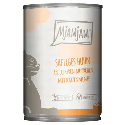 Mjamjam Saftiges Huhn an leckeren Möhrchen mit Katzenminze, texte en allemand. Icônes : sans céréales, riche en viande. Illustration de chat sur l’emballage.
