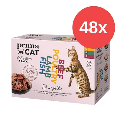 PrimaCat Collection pack de 12, variedades: ternera, ave, cordero, pescado en gelatina. 88% ingredientes animales. Sin cereales. Envase con gato de pie y cuenco con trozos de carne. Cantidad: 48x.