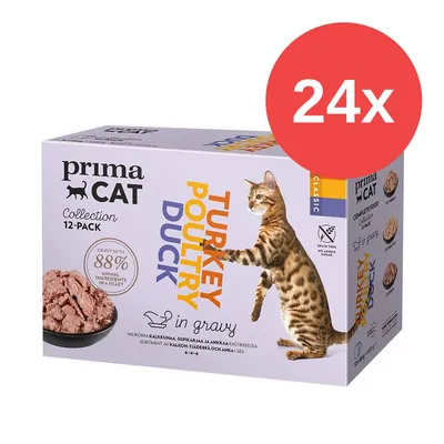 Prima Cat Collection 12-Pack, indyk, drób, kaczka w sosie, 88% składników zwierzęcych, bez zbóż i cukru. Pełnoporcjowa karma dla kotów. Opakowanie pokazuje informację 24x. Prima Cat Collection 12-Pack, indyk, drób, kaczka w sosie, 88% składników zwierzęcych, bez zbóż i cukru. Pełnoporcjowa karma dla kotów. Opakowanie pokazuje informację 24x.