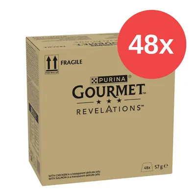 Purina Gourmet Revelations, 48x57g, con pollo en gelatina suave y con salmón en gelatina transparente. Envase con indicación 'Fragile' y 'This Way Up'.
