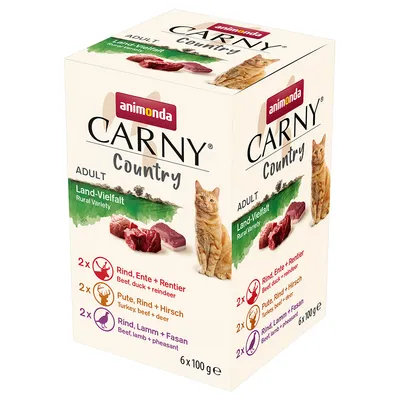 Animonda Carny Country Adult Landin valikoima. 6x100g lajeina: naudanliha, ankka + poro; kalkkuna, naudanliha + hirvi; naudanliha, lammas + fasaani.