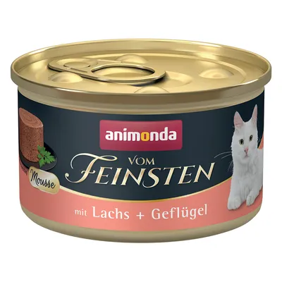Animonda Vom Feinsten Mousse s lososem a drůbežím, krmivo pro kočky ve zlaté konzervě.