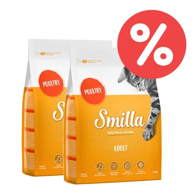 Smilla Adult Katzenfutter mit Geflügel, Made in Germany, enthält Taurin, Omega-Fettsäuren und Yucca-Schrotextrakt. Angebot mit rotem Prozent-Symbol.