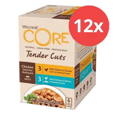 Wellness CORE Tender Cuts Chicken Selection Multipack, 12x. Natürlich, getreidefrei, proteinreich. 3x Huhn & Leber in Sosse, 3x Huhn & Lachs in Sosse. Für ausgewachsene Katzen.