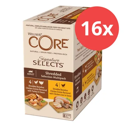 Wellness CORE Signature Selects Shredded Selection Multipack für erwachsene Katzen, 16x. Enthält 4 Dosen mit Truthahn in Sauce und 4 Dosen mit Hühnerleber in Sauce.