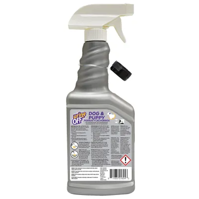 Urine Off Dog & Puppy Sprayflasche, silber mit weissem Sprühkopf. Text auf der Verpackung: Gebrauchsanweisung und Warnhinweise sichtbar. Barcode unten rechts.