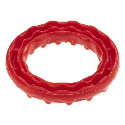 Red play ring made of plastic with a wavy surface and small white dots.