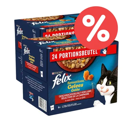 Purina Felix Sensations Gelee, 24 Portionsbeutel, Geschmacksvielfalt vom Land: Rind, Huhn, Ente, Lamm. Angebot mit Prozentzeichen.