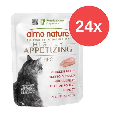 almo nature HFC Hühnchenfilet, 24x. Zutaten ursprünglich für den menschlichen Verzehr geeignet, jetzt Katzenfutter. Für alle Lebensphasen.