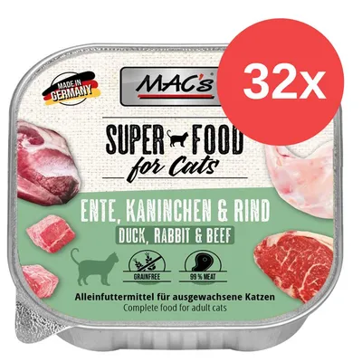 MAC's Super Food for Cats, Ente, Kaninchen & Rind, 32x. Made in Germany, bezzbożowa, 99% mięsa. Pełnoporcjowa karma dla dorosłych kotów. Widoczne kawałki mięsa na opakowaniu. MAC's Super Food for Cats, Ente, Kaninchen & Rind, 32x. Made in Germany, bezzbożowa, 99% mięsa. Pełnoporcjowa karma dla dorosłych kotów. Widoczne kawałki mięsa na opakowaniu.