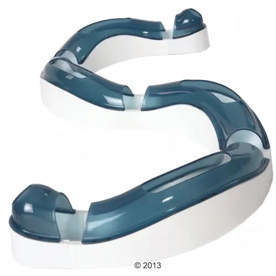S-shaped toy track with transparent blue covers and white base strips, suitable for interactive play.