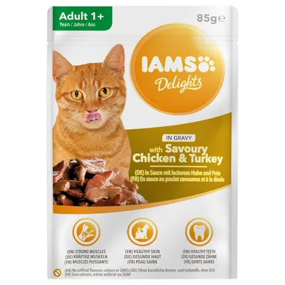 IAMS Delights Adult 1+ in Gravy with Savoury Chicken & Turkey, 85 g. Pakkauksessa oranssi kissa ja annos kastikeruokaa. Tekstit: strong muscles, healthy skin, healthy teeth.