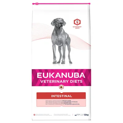 Sac de croquettes Eukanuba Veterinary Diets Intestinal pour chien, 12 kg. Texte visible : soutien digestif, INTESTINAL, informations en plusieurs langues.