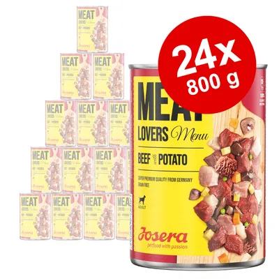 Pack de 24 latas Josera Meat Lovers Menu Beef with Potato, 800 g cada una. Texto visible: super premium quality from Germany, grain free, adult, petfood with passion. Pack de 24 latas Josera Meat Lovers Menu Beef with Potato, 800 g cada una. Texto visible: super premium quality from Germany, grain free, adult, petfood with passion.
