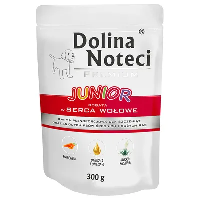 Dolina Noteci Premium Junior, reich an Rinderherzen. Vollnahrung für Welpen und junge Hunde mittelgroßer und großer Rassen. Zutaten: Karotten, Omega-3 & Omega-6, Yucca Mojave. 300 g.