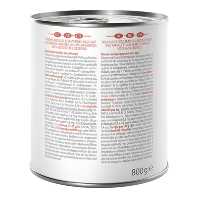 Conservă cu descriere: carne proaspătă de pasăre și porc cu fructe de pădure, rădăcini și ierburi sălbatice. Rețetă 100% fără cereale. Hrană completă pentru câini seniori. Conținut: 800g.