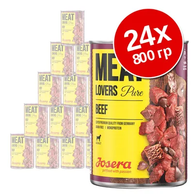 24 банки по 800 г Josera Meat Lovers Pure Beef. На упаковке: кусочки мяса, надписи MEAT LOVERS Pure BEEF, super premium quality from Germany, grain free, monoprotein, adult.