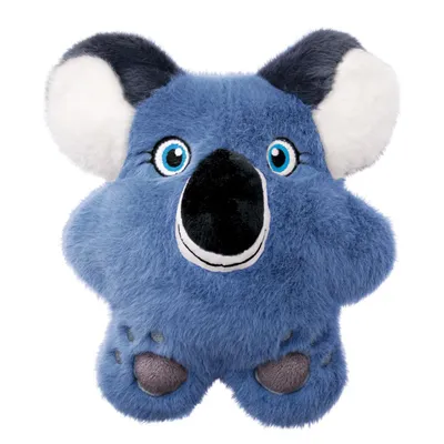 Plush toy shaped like a blue koala with large ears, black paws and a black nose.