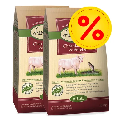 Dos sacos de comida para perros Lukullus Charolais & Forelle Adult, 15 kg cada uno, con símbolo de porcentaje en amarillo indicando oferta o descuento visible. Dos sacos de comida para perros Lukullus Charolais & Forelle Adult, 15 kg cada uno, con símbolo de porcentaje en amarillo indicando oferta o descuento visible.