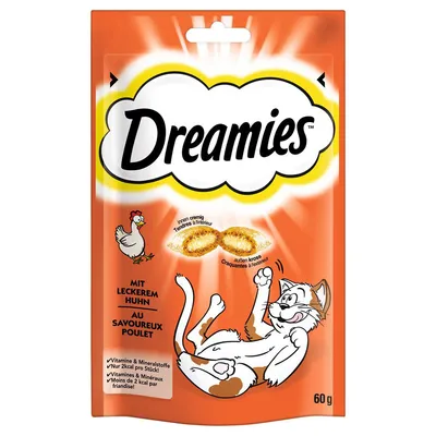 Dreamies s slastnim piščancem, hrustljavi zunaj in kremasti znotraj. Vitamini in minerali, le 2 kcal na kos. Velikost pakiranja: 60 g.