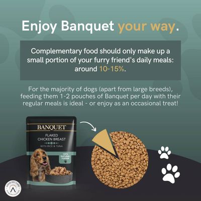 Feeding guide for Banquet flaked chicken breast: complementary food should be 10-15% of daily meals; feed 1-2 pouches per day with regular meals or as an occasional treat.