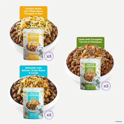 Applaws Taste Toppers în sos: pui cu fasole albă, dovleac și mazăre; miel cu dovlecei, morcovi și năut; pește alb cu somon, fasole verde și linte. Câte 2 plicuri din fiecare. Applaws Taste Toppers în sos: pui cu fasole albă, dovleac și mazăre; miel cu dovlecei, morcovi și năut; pește alb cu somon, fasole verde și linte. Câte 2 plicuri din fiecare.