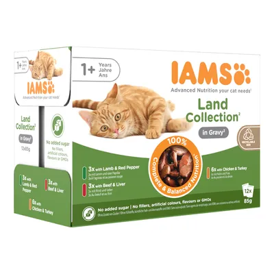 IAMS Land Collection in Gravy pour chats 1+ an, 12x85g : 3x agneau et poivron rouge, 3x bœuf et foie, 6x poulet et dinde. Sans sucre ajouté, sans colorants ni arômes artificiels.