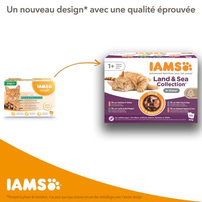 Comparaison de l’ancien et du nouveau packaging IAMS Land & Sea Collection pour chats adultes 1+, boîte de 12x85g, avec texte « Un nouveau design* avec une qualité éprouvée »