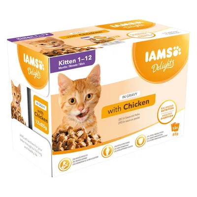 IAMS Delights Kitten 1-12 kuukautta, kastikkeessa kanaa, 12x85g. Tasapainoinen ravinto, tukee tervettä ruoansulatusta, lihasten ja luiden kehitystä.