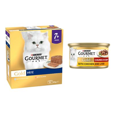 Purina Gourmet Gold Chunks in Gravy, 8 x 85g. Flavours: beef, chicken and liver, turkey and duck, salmon and chicken.
