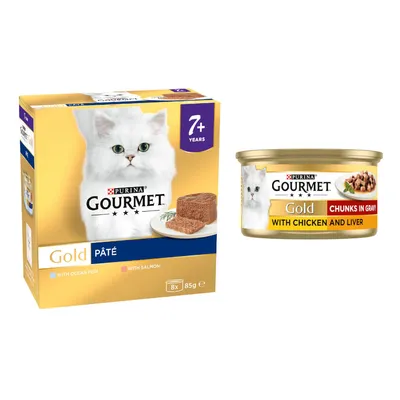 48x85g Gourmet Gold Wet Cat Food + 12x85g Gourmet Gold Wet Cat Food Free! * - Senior Pâté Recipes Ocean Fish & Salmon (48 x 85g) + Chicken & Liver Chunks in Gravy (12 x 85g)