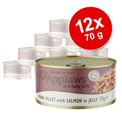 Applaws Natural Cat Food, Tuna Fillet with Salmon in Jelly 70 g, 12 x 70 g säilykepakkaus. Teksti: Made with natural ingredients. Applaws Natural Cat Food, Tuna Fillet with Salmon in Jelly 70 g, 12 x 70 g säilykepakkaus. Teksti: Made with natural ingredients.