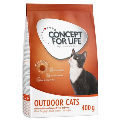 Concept for Life Outdoor Cats 400g, for active outdoor cats aged 1 year and over. Special Formula X: optimal energy supply, supports natural defences, cartilage and joint protection.