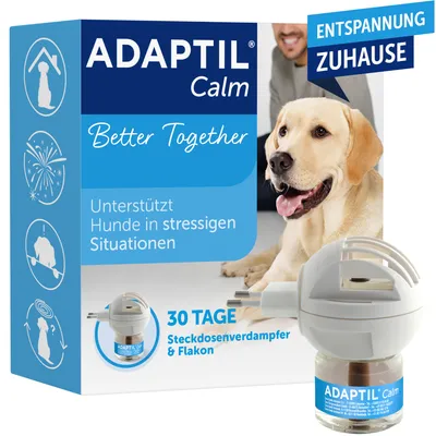 ADAPTIL Calm, Better Together, 30 Tage Steckdosenverdampfer & Flakon. Texte en allemand : Unterstützt Hunde in stressigen Situationen, Entspannung Zuhause. Diffuseur et flacon visibles.