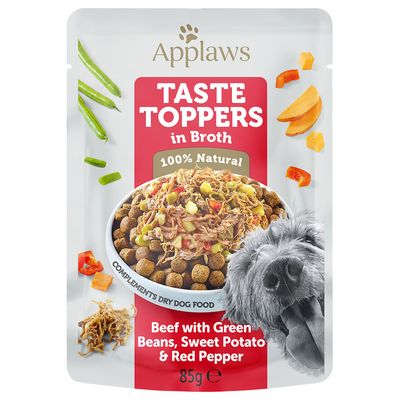 Applaws Dog Taste Toppers Pouch în supă 12 x 85 g Vită cu fasole verde, cartofi dulci și ardei roșu