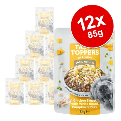 Applaws Taste Toppers v omáčke, 12x85g, kuracie prsia s bielymi fazuľami, tekvicou a hráškom. Doplnok ku granulám, 100% prírodné.