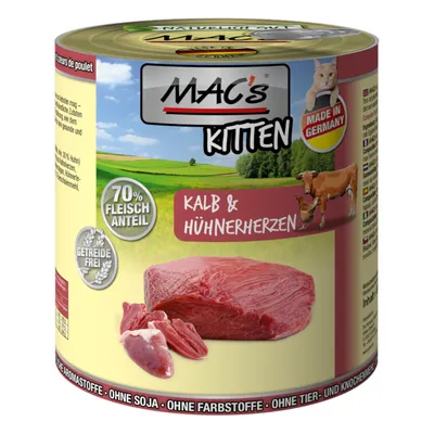 Conservă MAC's Kitten, 70% Fleischanteil, Kalb & Hühnerherzen, Getreidefrei, Made in Germany. Imagine cu carne de vițel și inimi de pui pe ambalaj. Text în germană vizibil. Conservă MAC's Kitten, 70% Fleischanteil, Kalb & Hühnerherzen, Getreidefrei, Made in Germany. Imagine cu carne de vițel și inimi de pui pe ambalaj. Text în germană vizibil.