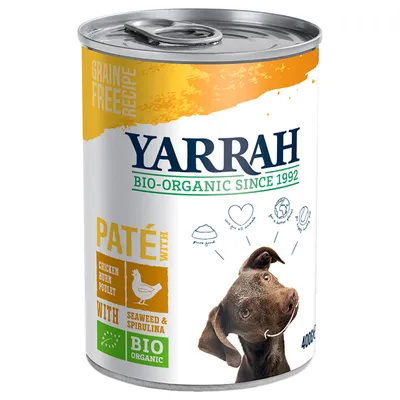 Yarrah Bio-Organic Since 1992, Paté with chicken, seaweed & spirulina, BIO organic, grain free recipe, dåse med billede af hund, 400 g