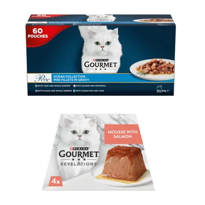 Gourmet Perle Wet Cat Food + 12 x 57g Gourmet Wet Cat Food Free! * - Ocean Collection in Gravy (60 x 85g) + Salmon Revelations Mousse (12 x 57g) Gourmet Perle Wet Cat Food + 12 x 57g Gourmet Wet Cat Food Free! * - Ocean Collection in Gravy (60 x 85g) + Salmon Revelations Mousse (12 x 57g)