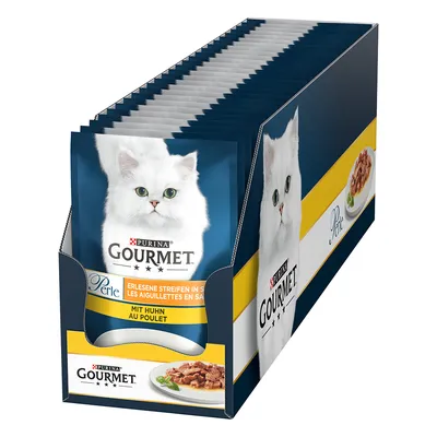 Boîte de sachets Purina Gourmet Perle, aiguillettes en sauce au poulet. Texte visible : 'Mit Huhn au poulet'. Image d’un chat blanc et d’une assiette de nourriture pour chat.