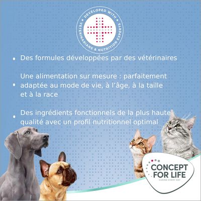 Sac Concept for Life Mini Junior 1,5 kg, chiot blanc illustré, texte visible : Special Formula X, Healthy growth, Optimum digestion, optimal development of bones & teeth, poids adulte ≤10 kg.