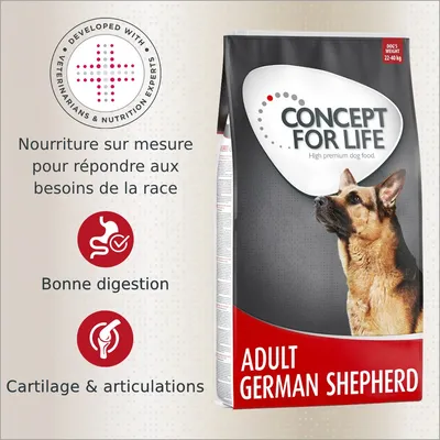 Sac de croquettes Concept for Life Adult German Shepherd, texte : nourriture sur mesure, bonne digestion, cartilage & articulations, poids du chien 22–40 kg, développé avec des experts. Sac de croquettes Concept for Life Adult German Shepherd, texte : nourriture sur mesure, bonne digestion, cartilage & articulations, poids du chien 22–40 kg, développé avec des experts.