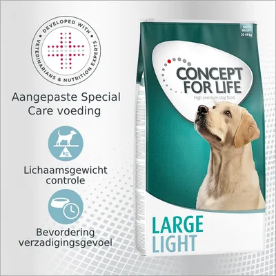 CONCEPT FOR LIFE Large Light hondenvoer, aangepaste Special Care voeding. Lichaamsgewicht controle, bevordering verzadigingsgevoel. Voor honden 26–44 kg. Ontwikkeld met experts. CONCEPT FOR LIFE Large Light hondenvoer, aangepaste Special Care voeding. Lichaamsgewicht controle, bevordering verzadigingsgevoel. Voor honden 26–44 kg. Ontwikkeld met experts.
