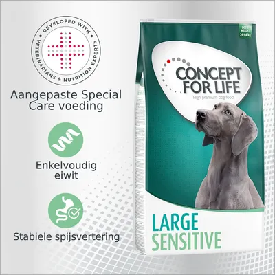 CONCEPT FOR LIFE Large Sensitive hondenvoer, aangepast Special Care voeding, enkelvoudig eiwit, stabiele spijsvertering, voor hondengewicht 26–44 kg. Ontwikkeld met experts. CONCEPT FOR LIFE Large Sensitive hondenvoer, aangepast Special Care voeding, enkelvoudig eiwit, stabiele spijsvertering, voor hondengewicht 26–44 kg. Ontwikkeld met experts.