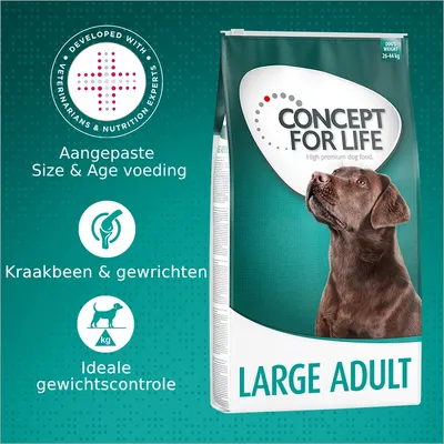 Concept for Life Large Adult hondenvoer, geschikt voor honden van 26–44 kg. Aangepaste Size & Age voeding, ondersteuning kraakbeen & gewrichten, ideale gewichtscontrole. Concept for Life Large Adult hondenvoer, geschikt voor honden van 26–44 kg. Aangepaste Size & Age voeding, ondersteuning kraakbeen & gewrichten, ideale gewichtscontrole.